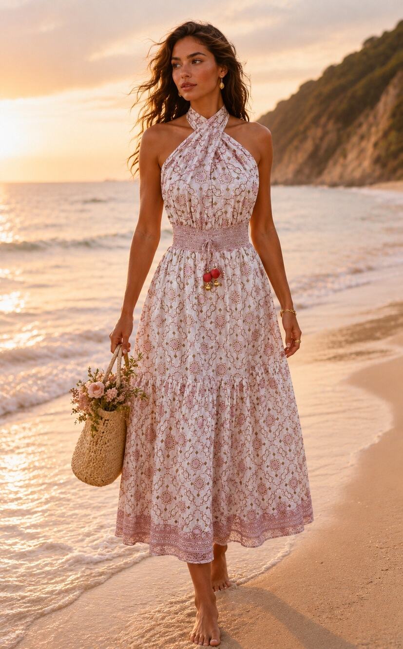 Alicia Bell Kat Criss Cross Halter Midi Dress Romantic Beach Resort Sz Large NWT